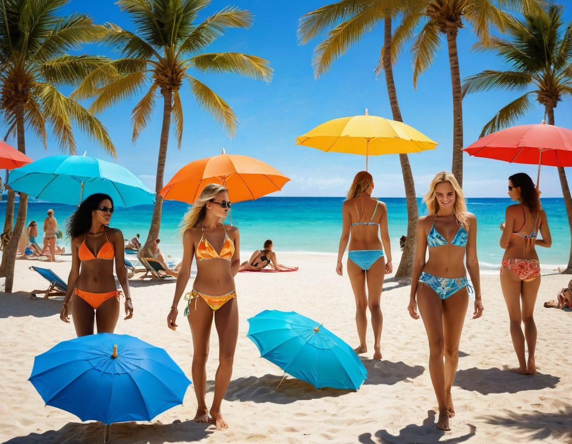 A stunning beach scene showcasing diverse models in stylish beachwear, each exhibiting unique resort styles, with vibrant umbrellas and palm trees in the background. The models should be engaged in playful activities like beach volleyball and sunbathing, radiating a cheerful and carefree atmosphere. Emphasize bright colors and textures of the fabrics, capturing the essence of a perfect vacation. super-realistic. vibrant colors. summer vibe.